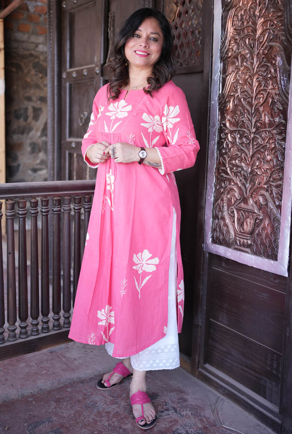 Gulmohar Floral Block Handloom Cotton Pink Kurti