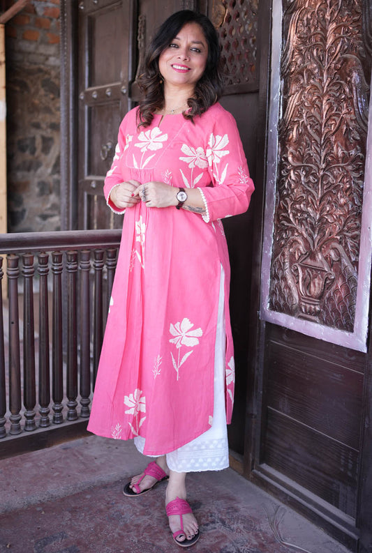 Gulmohar Floral Block Handloom Cotton Pink Kurti