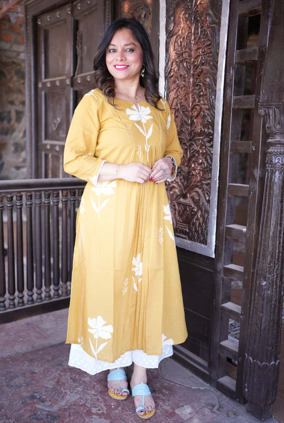 Gulmohar Floral Block Handloom Cotton Yellow Kurti