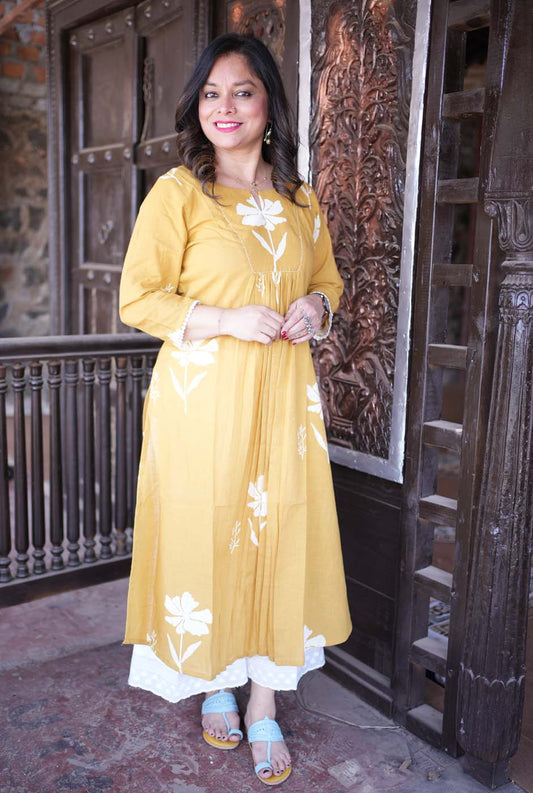 Gulmohar Floral Block Handloom Cotton Yellow Kurti