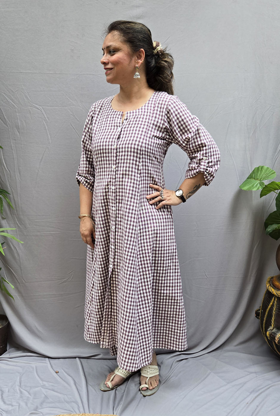 Set of 2 Chaukat – Handwoven Cotton Checks Co-ord Set Wine