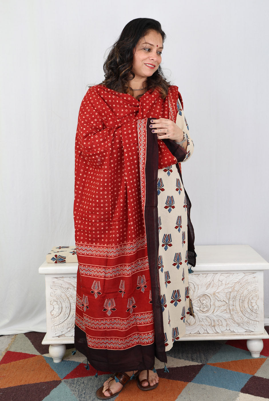 Ivory Lotus Block Ajrakh Kurta with Front Gathers