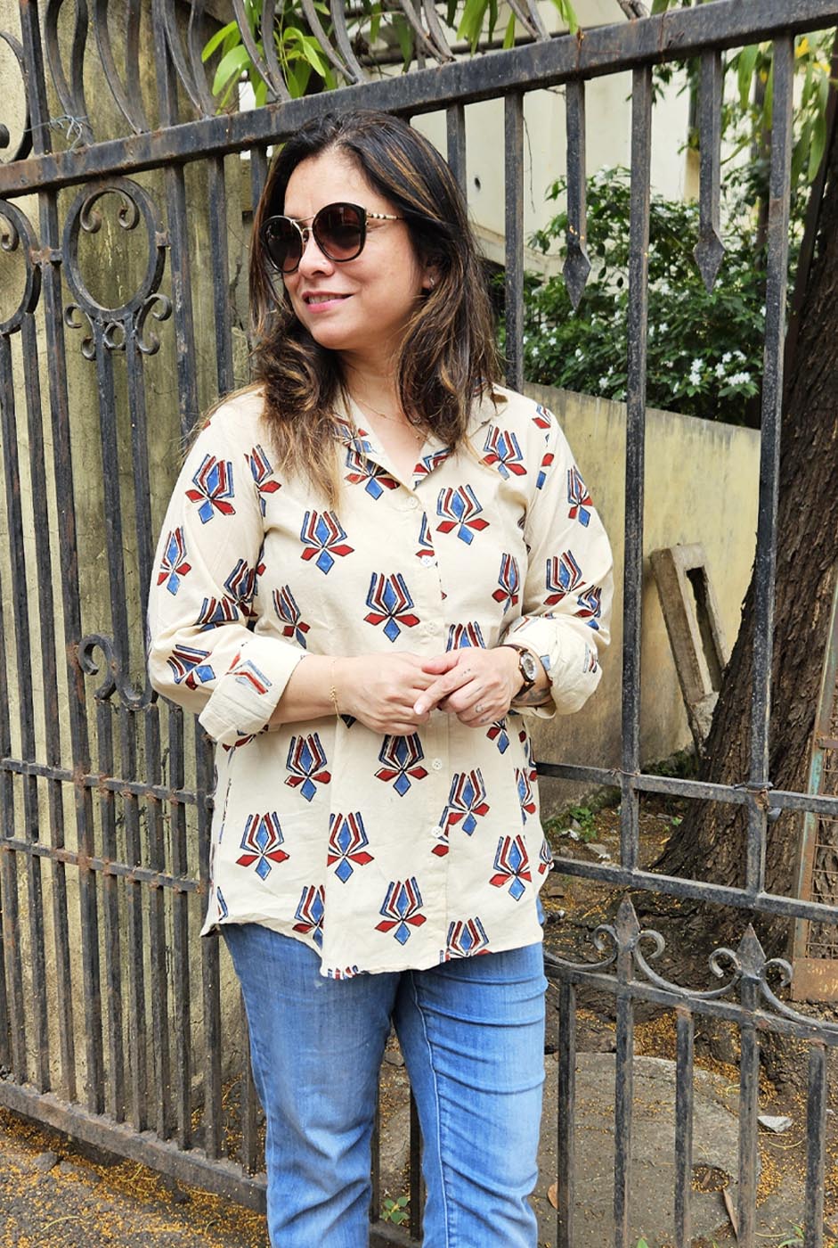 Lotus Block Handloom Cotton Ajrakh Shirt