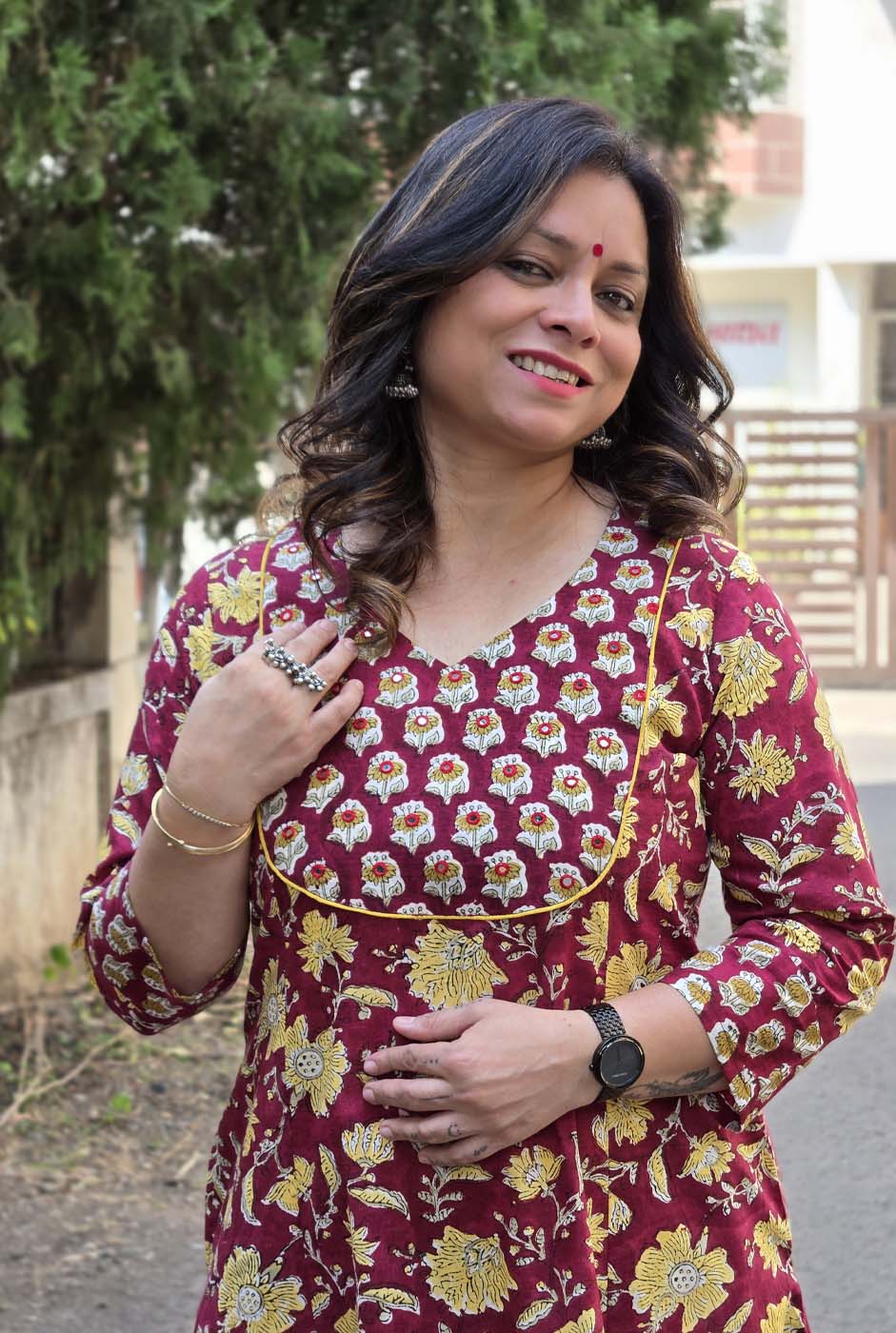 Dabu Handblock Kurta Pant Set with Mirror Work Yoke