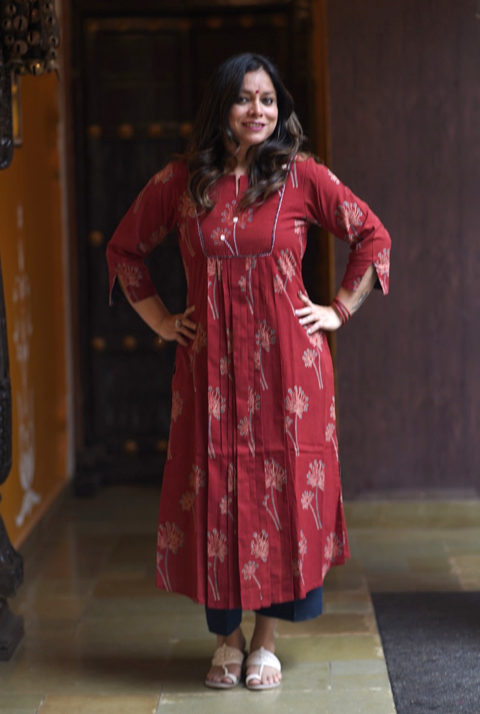 Alahi Maroon Ajrakh A-Line Kalidar Kurta Pleat Detailing