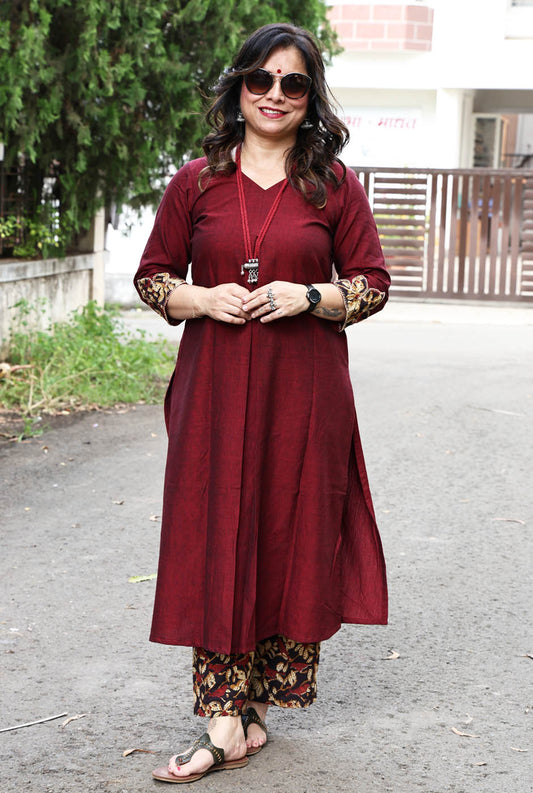 Maroon Handloom Cotton Kurta with Kalamkari Patch Work