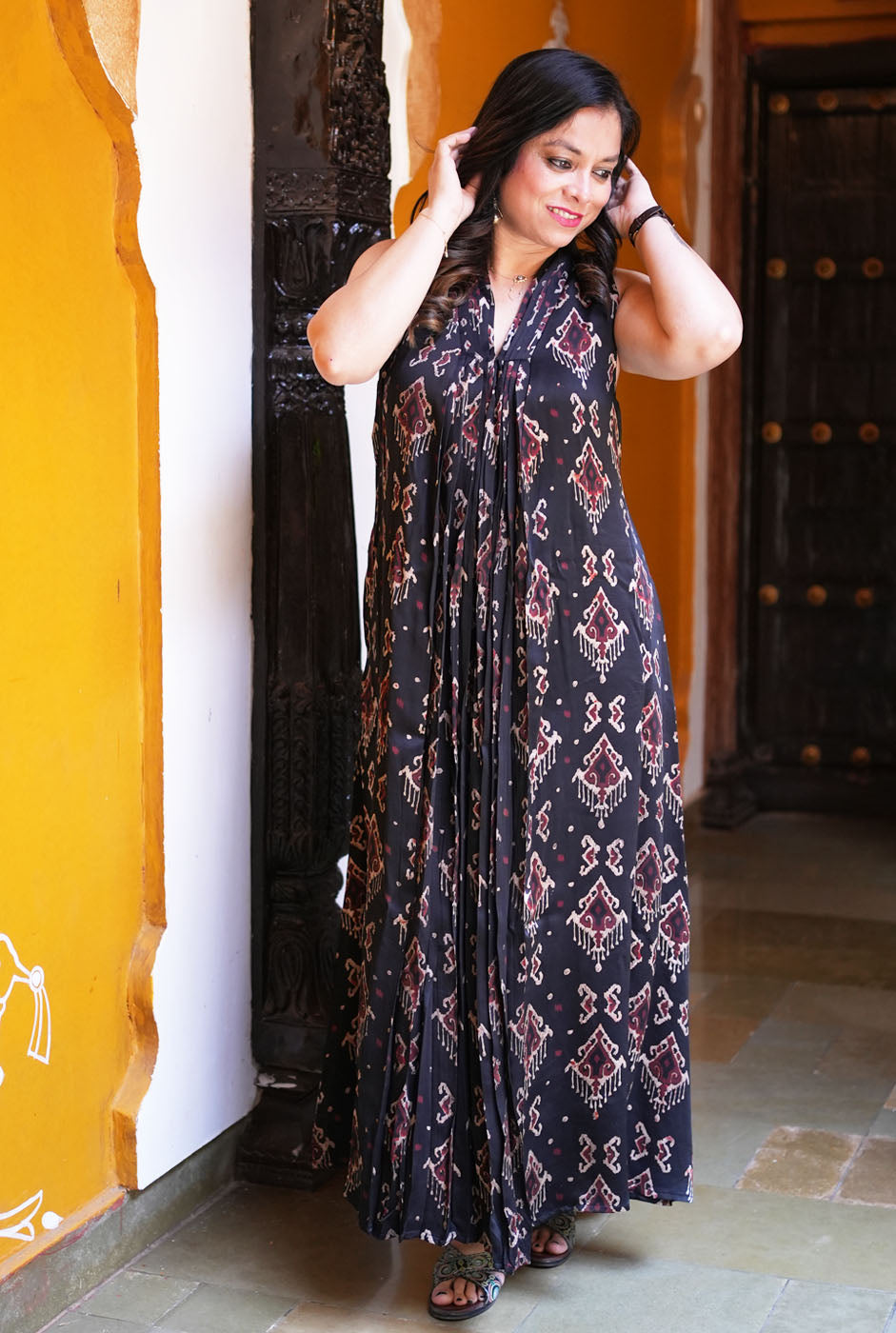 Elegant Modal Dress with Ikat Block (Sleeves On Request)