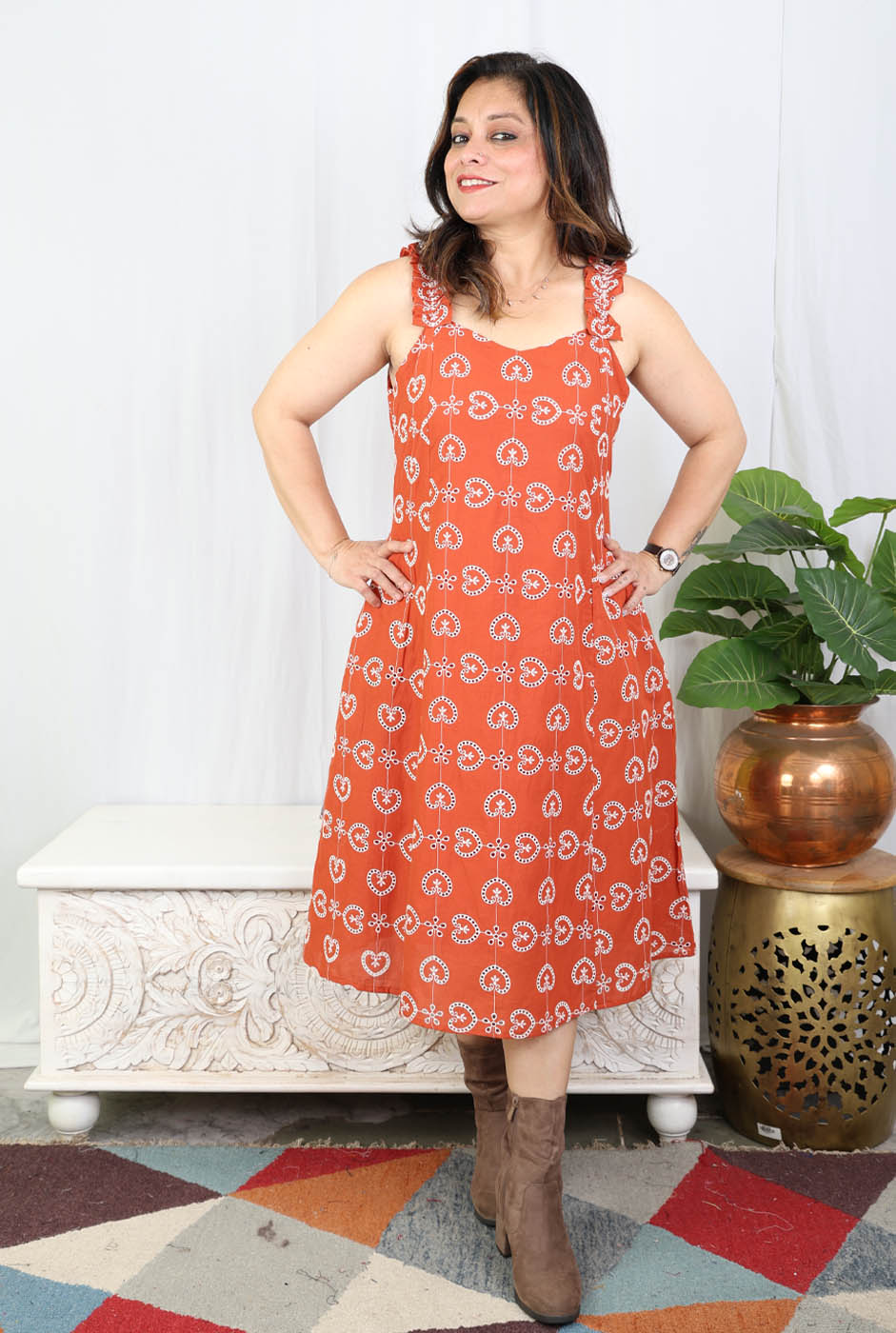 Rust Orange Schiffli Sleeveless Cotton Dress