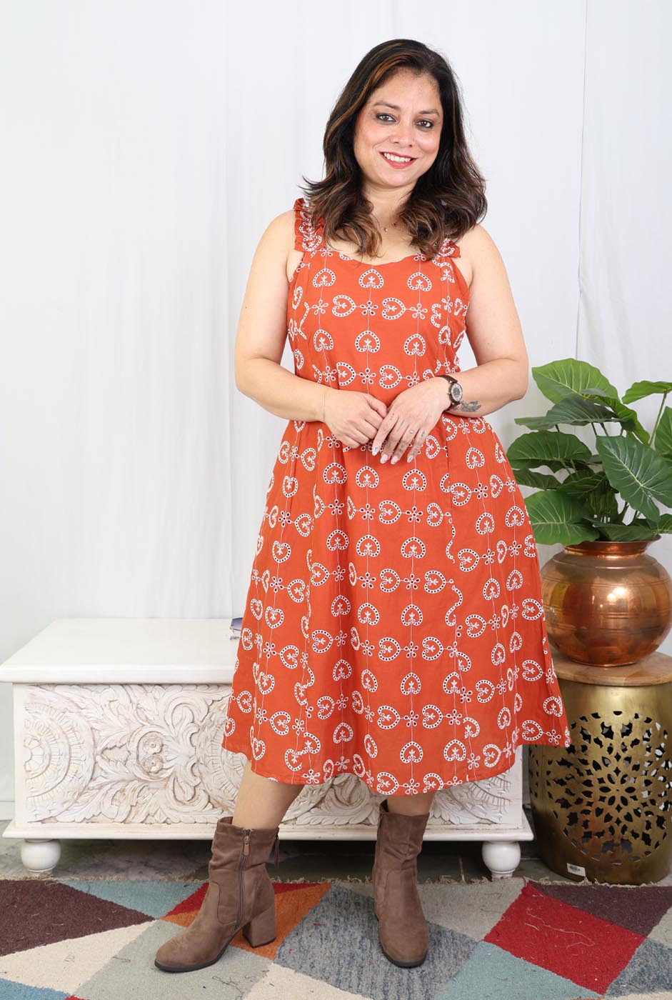 Rust Orange Schiffli Sleeveless Cotton Dress