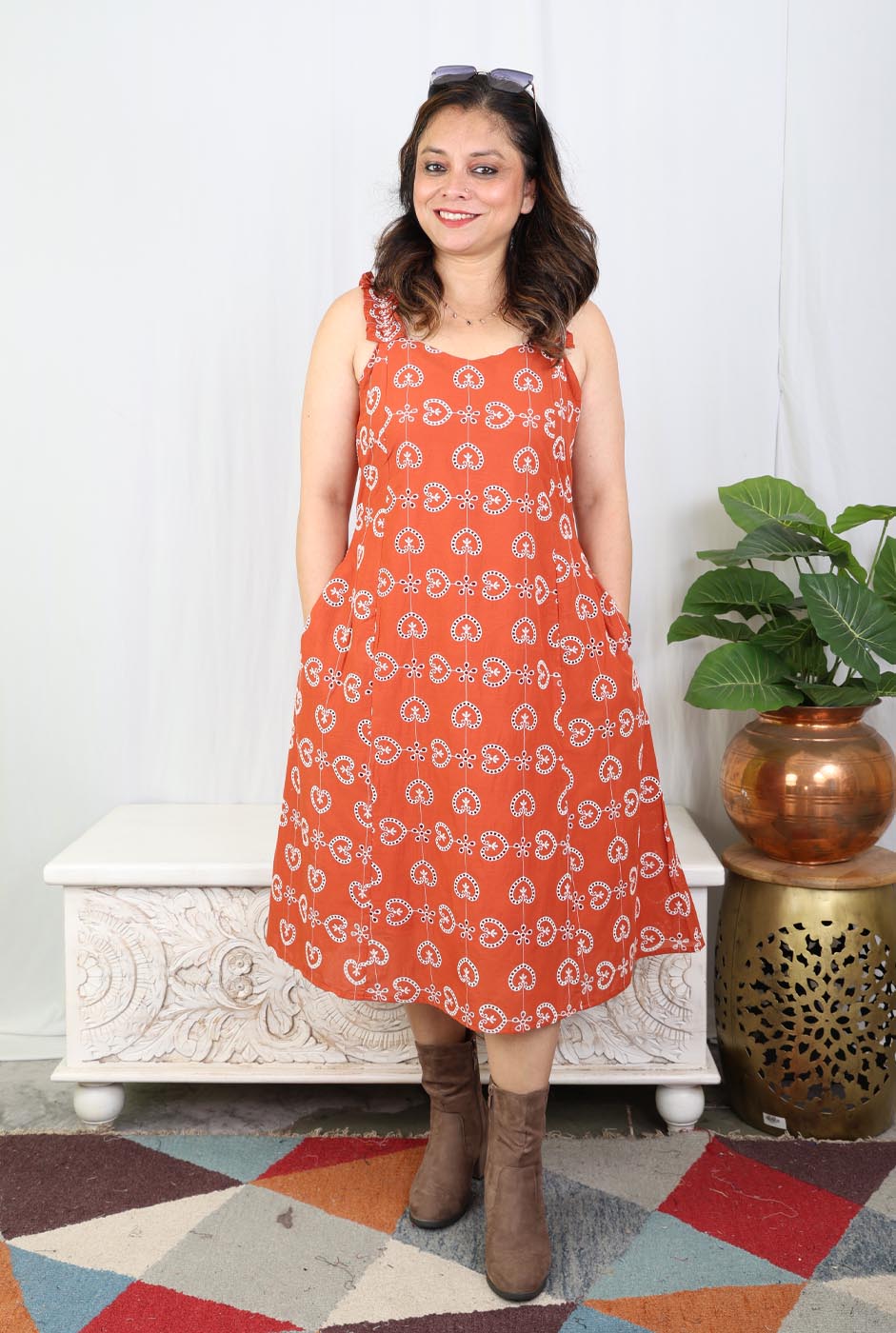 Rust Orange Schiffli Sleeveless Cotton Dress
