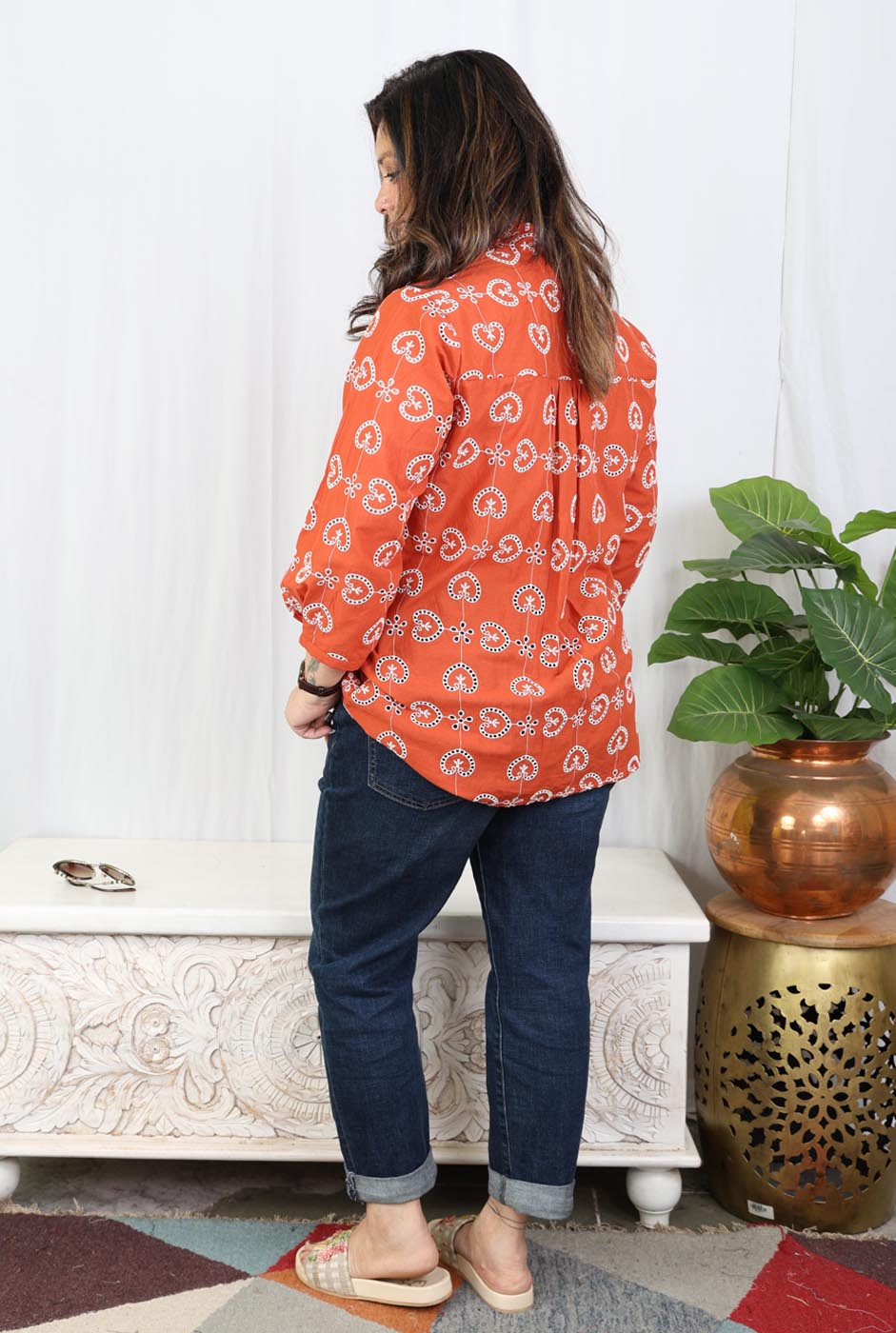 Rust Orange Schiffli Cotton Comfort Fit Shirt