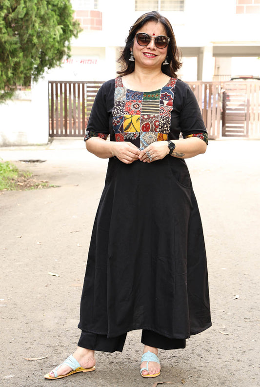 Black Handloom Cotton Ajrakh Patch Work Kurta with Hand Kantha Work