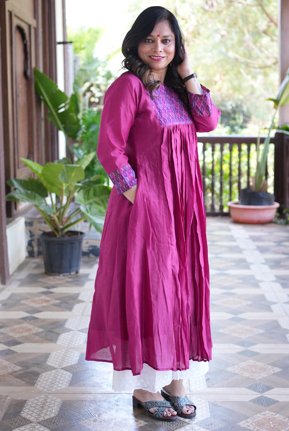 Virasat Mul Chanderi Pink Kurta with Ikat Yoke & Sleeve Detailing