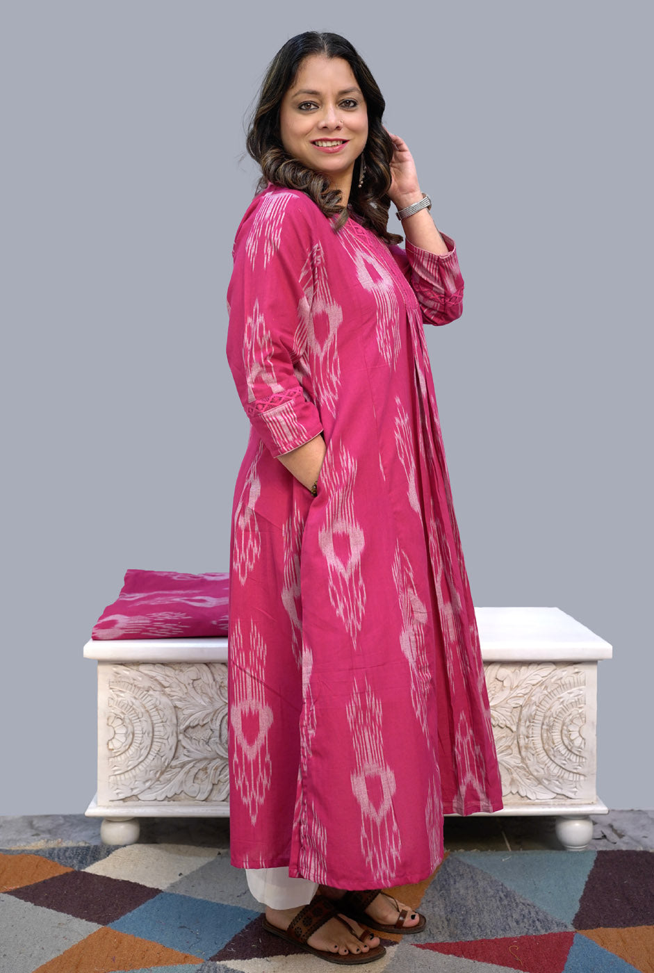Uzbek Ikat Pink Kurta with Lace Detailing