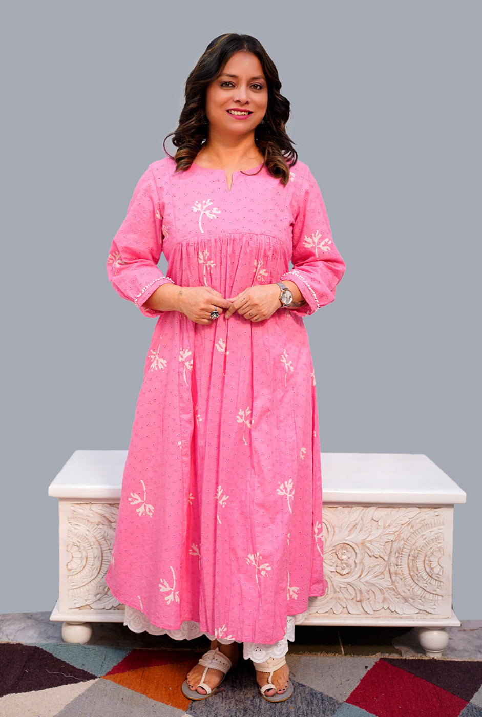 Pink Hand Block Schiffli Kurti/ Dress
