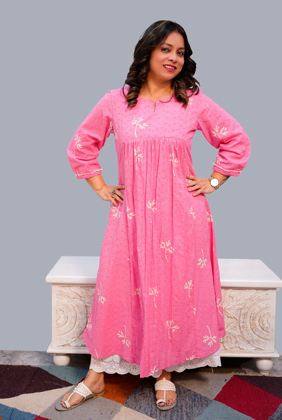 Pink Hand Block Schiffli Kurti/ Dress