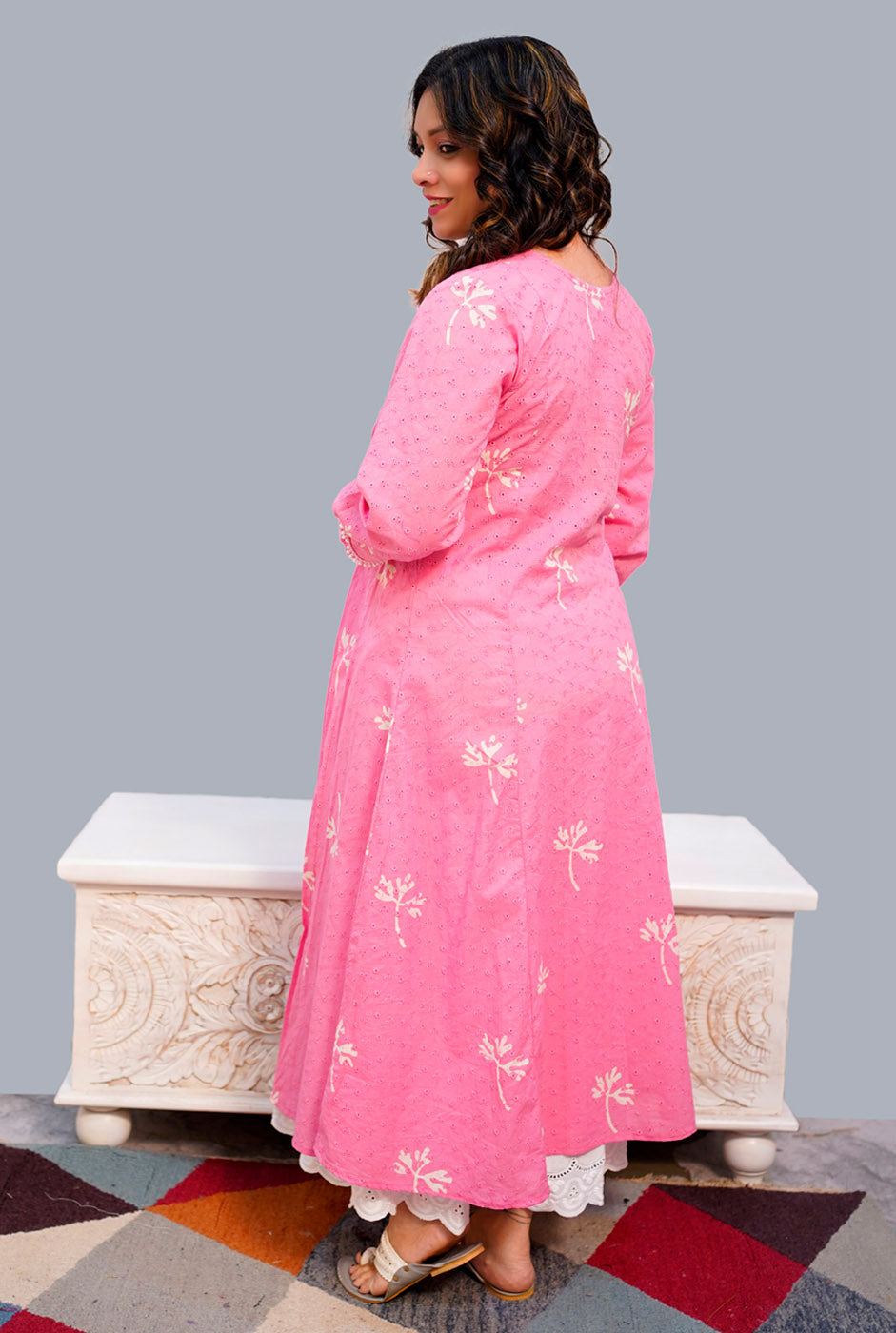 Pink Hand Block Schiffli Kurti/ Dress