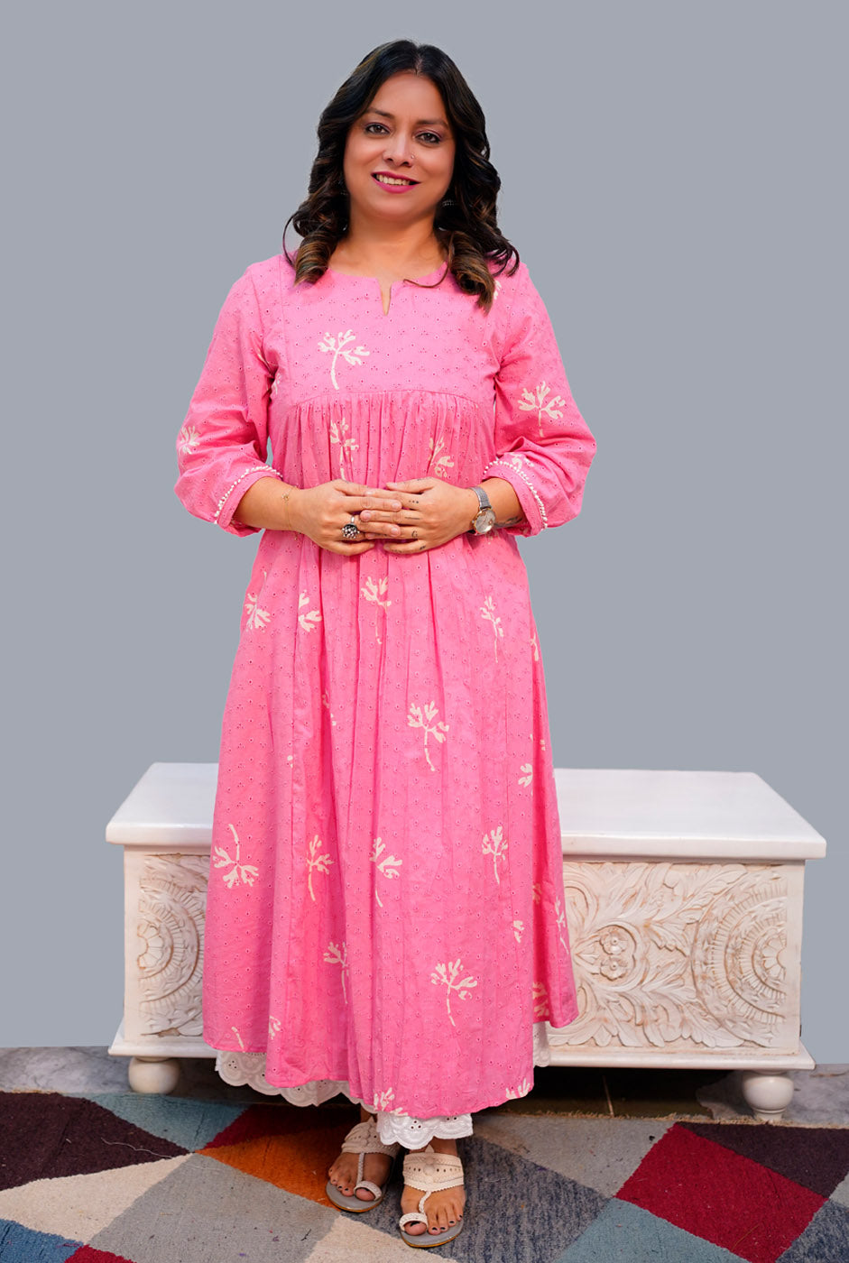 Pink Hand Block Schiffli Kurti/ Dress
