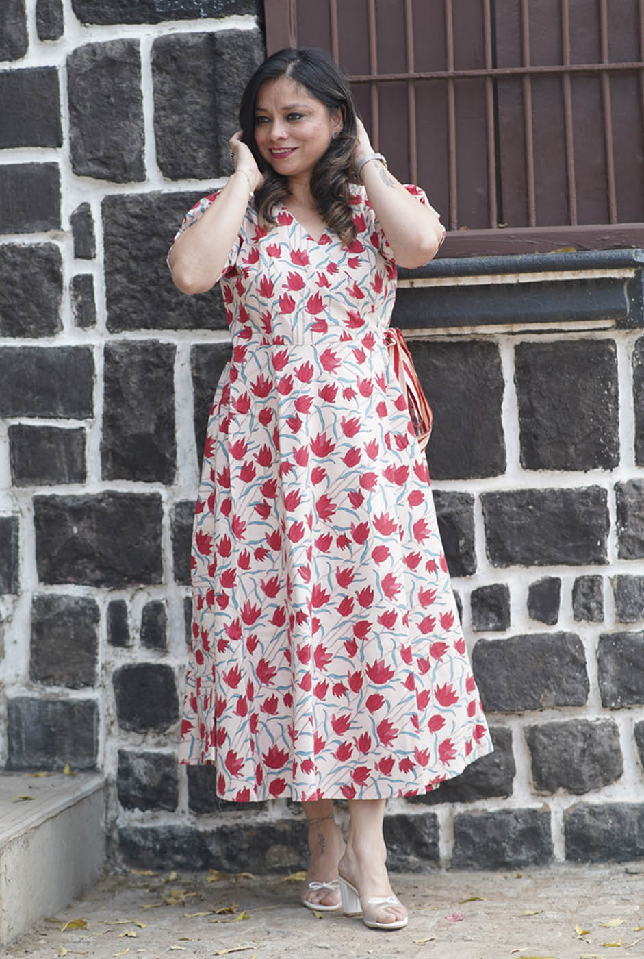 Gulmohar Red Hand-Blocked Wrap Around Dress