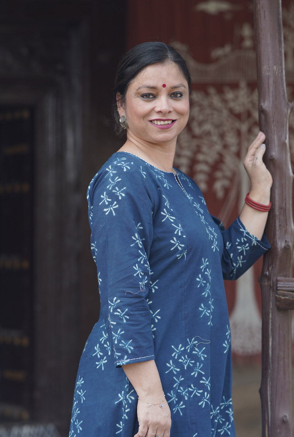 Alahi Blue Ajrakh A-Line Kalidar Kurta with Dragonfly Block & Hand Kantha Work
