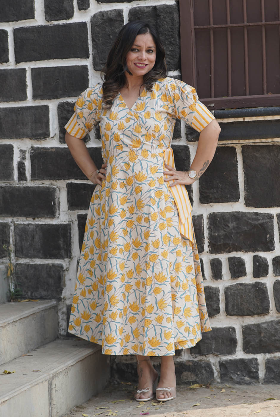 Gulmohar Yellow Hand-Blocked Wrap Around Dress