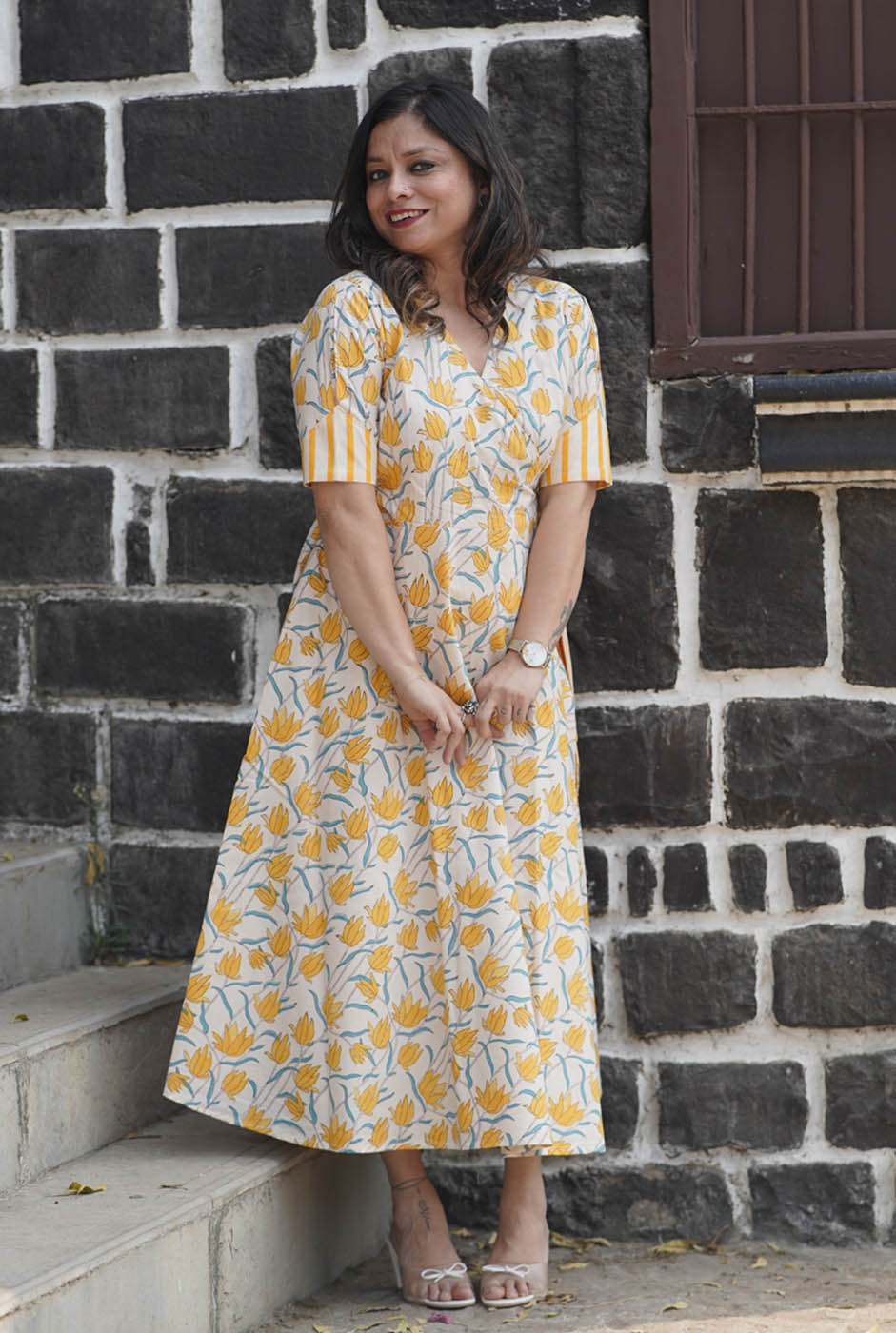 Gulmohar Yellow Hand-Blocked Wrap Around Dress