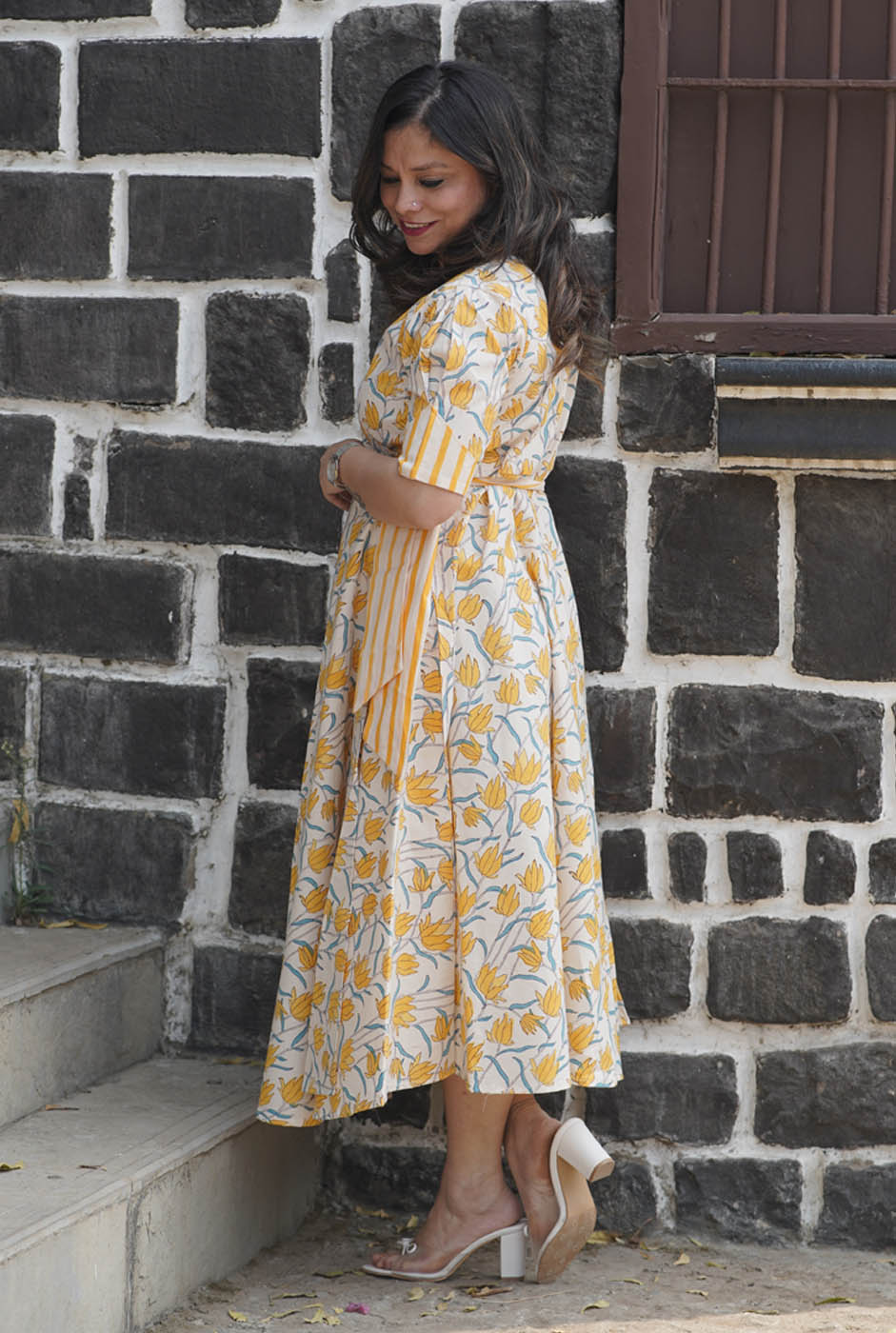 Gulmohar Yellow Hand-Blocked Wrap Around Dress