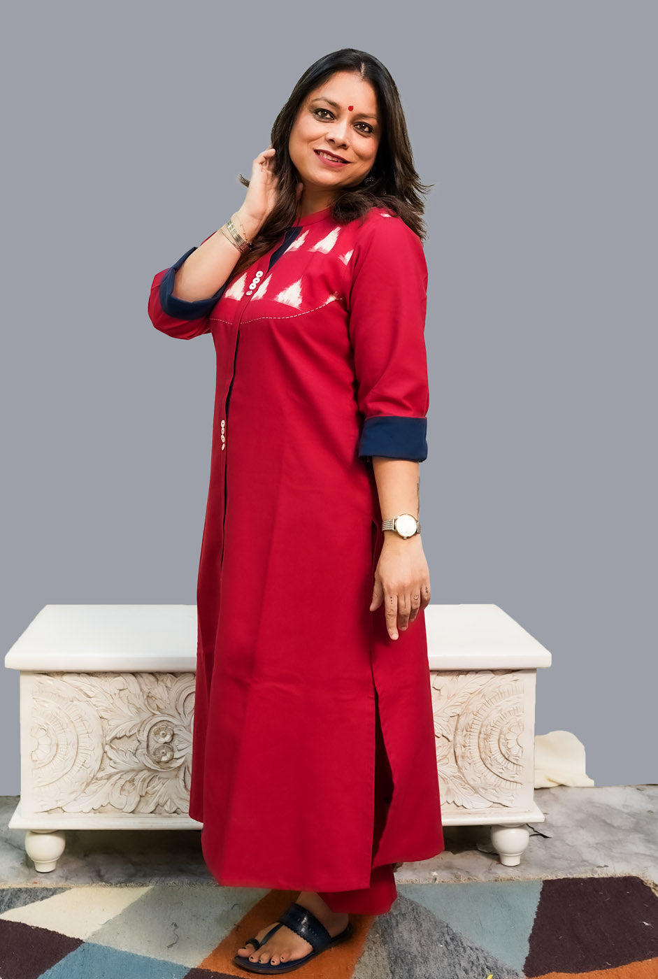 Red Handloom Cotton Kurti with Double Ikat Yoke