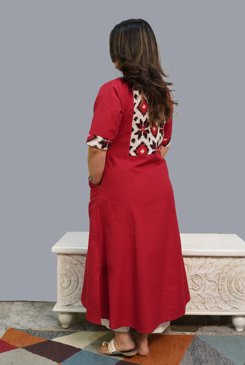 A-Line Red Handloom Cotton Kurti Cum Dress