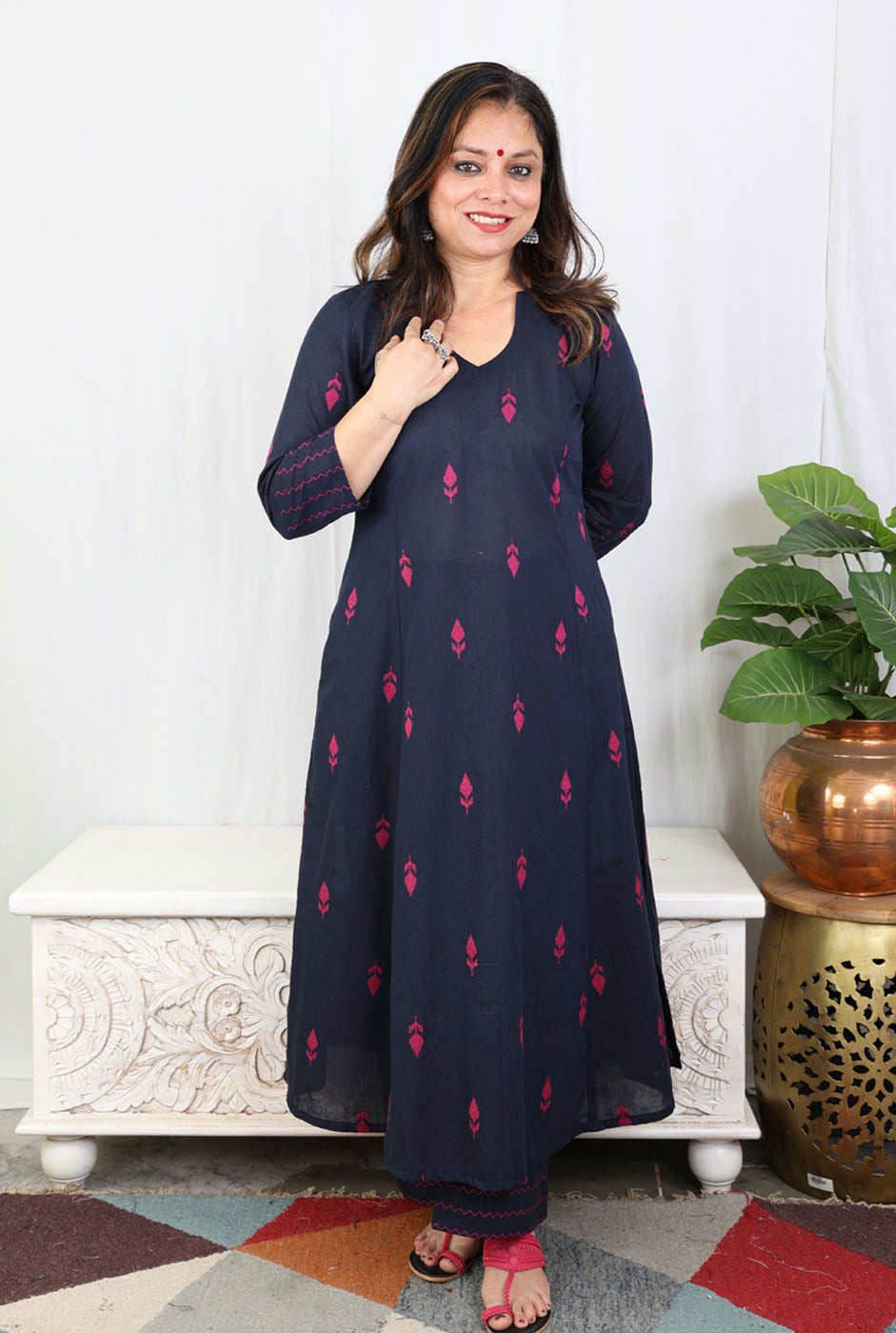 Nazakat Blue Handloom Cotton Kalidar A-Line Co-Ord Set with Pink Buta