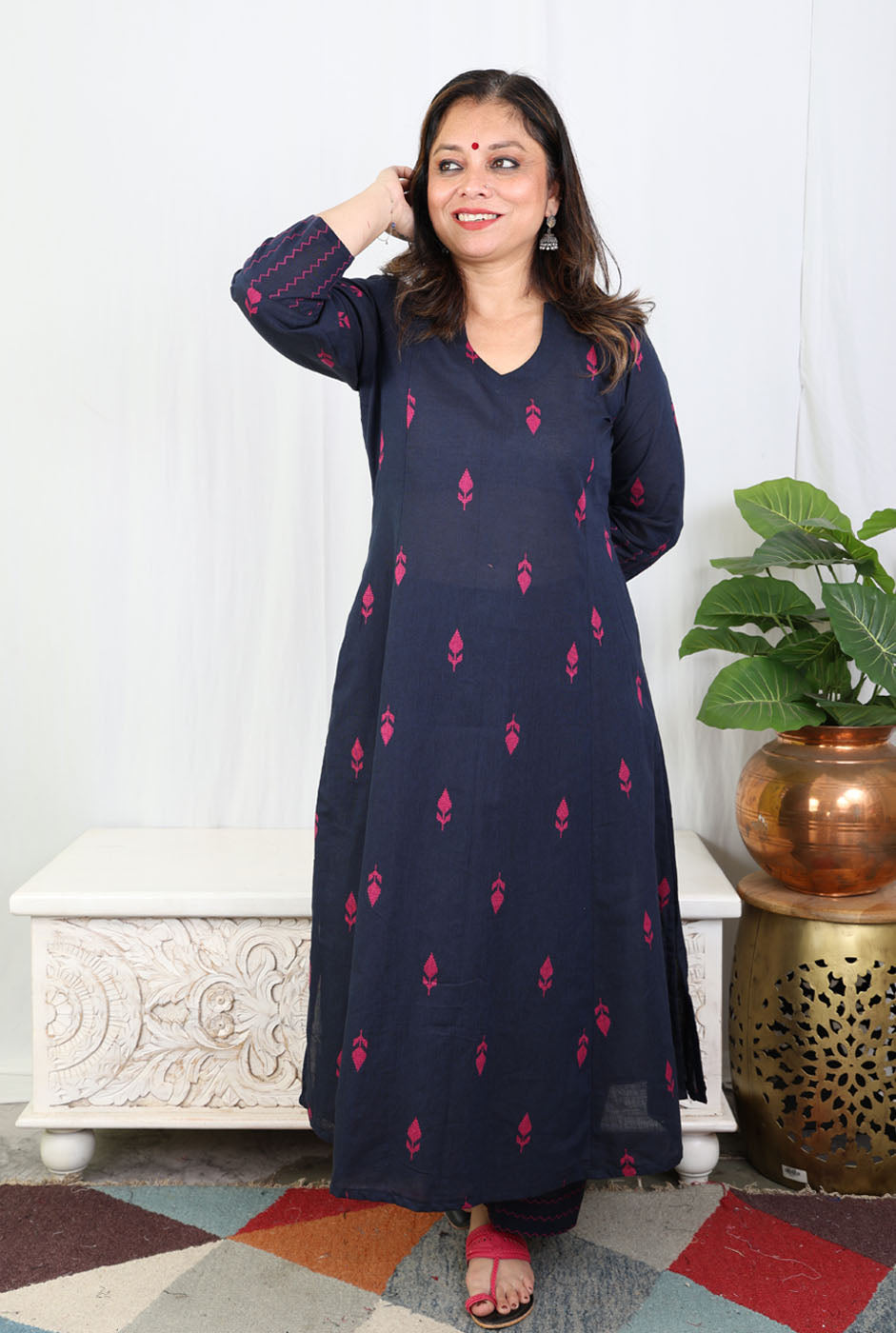 Nazakat Blue Handloom Cotton Kalidar A-Line Co-Ord Set with Pink Buta