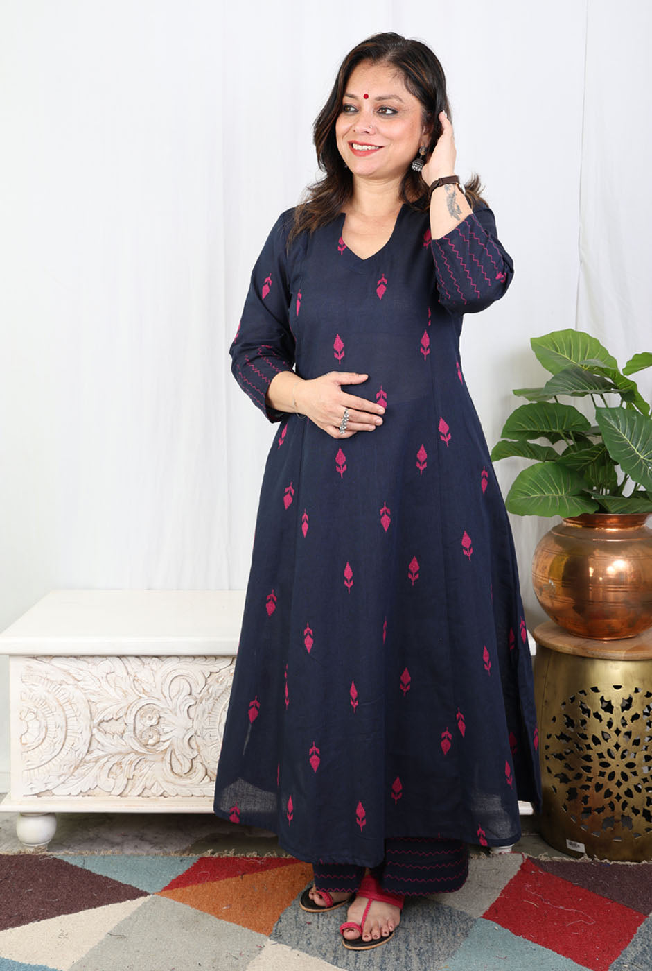 Nazakat Blue Handloom Cotton Kalidar A-Line Co-Ord Set with Pink Buta