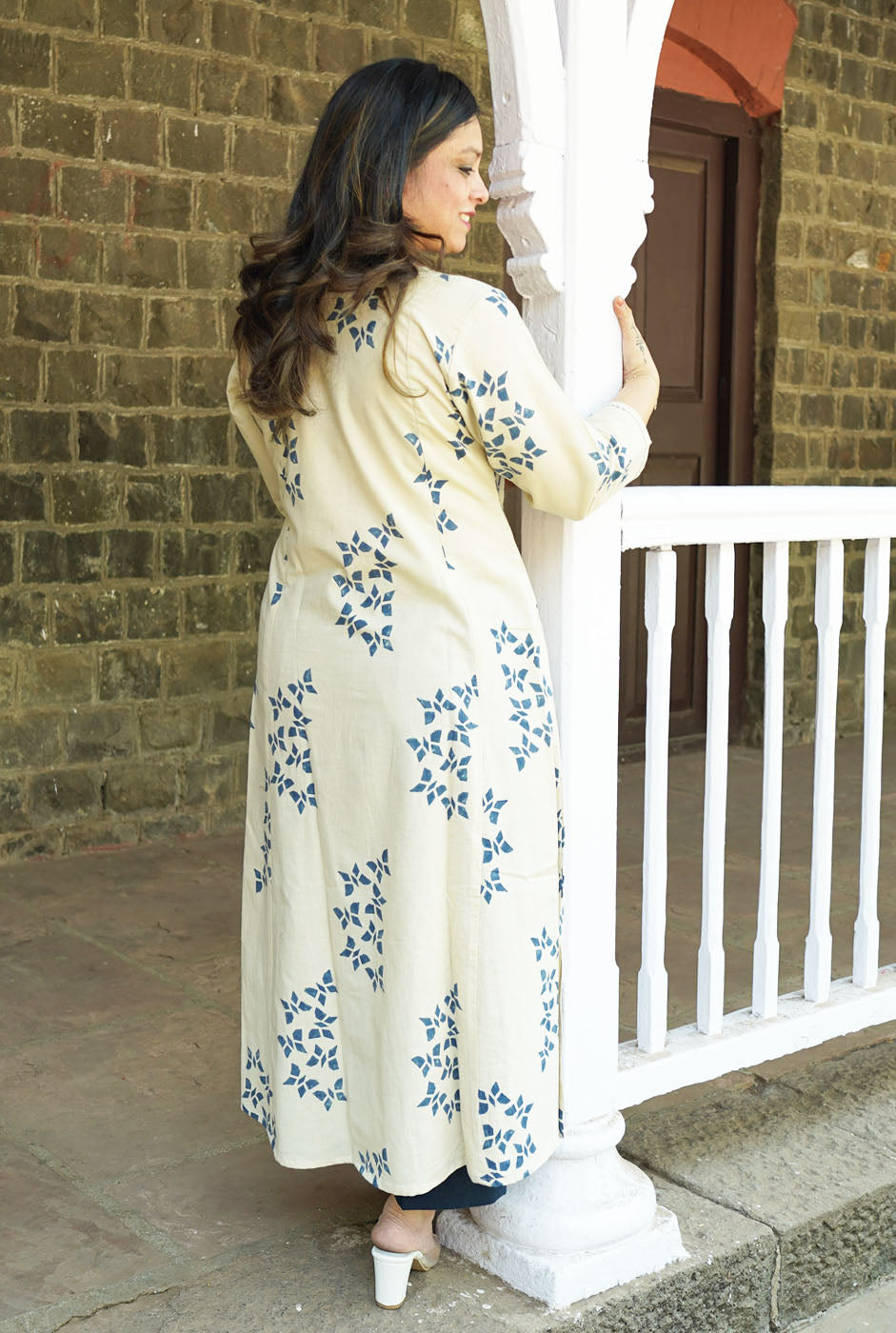 Alahi White Ajrakh A-Line Kalidar Kurta with Butterfly Block & Hand Kantha Work