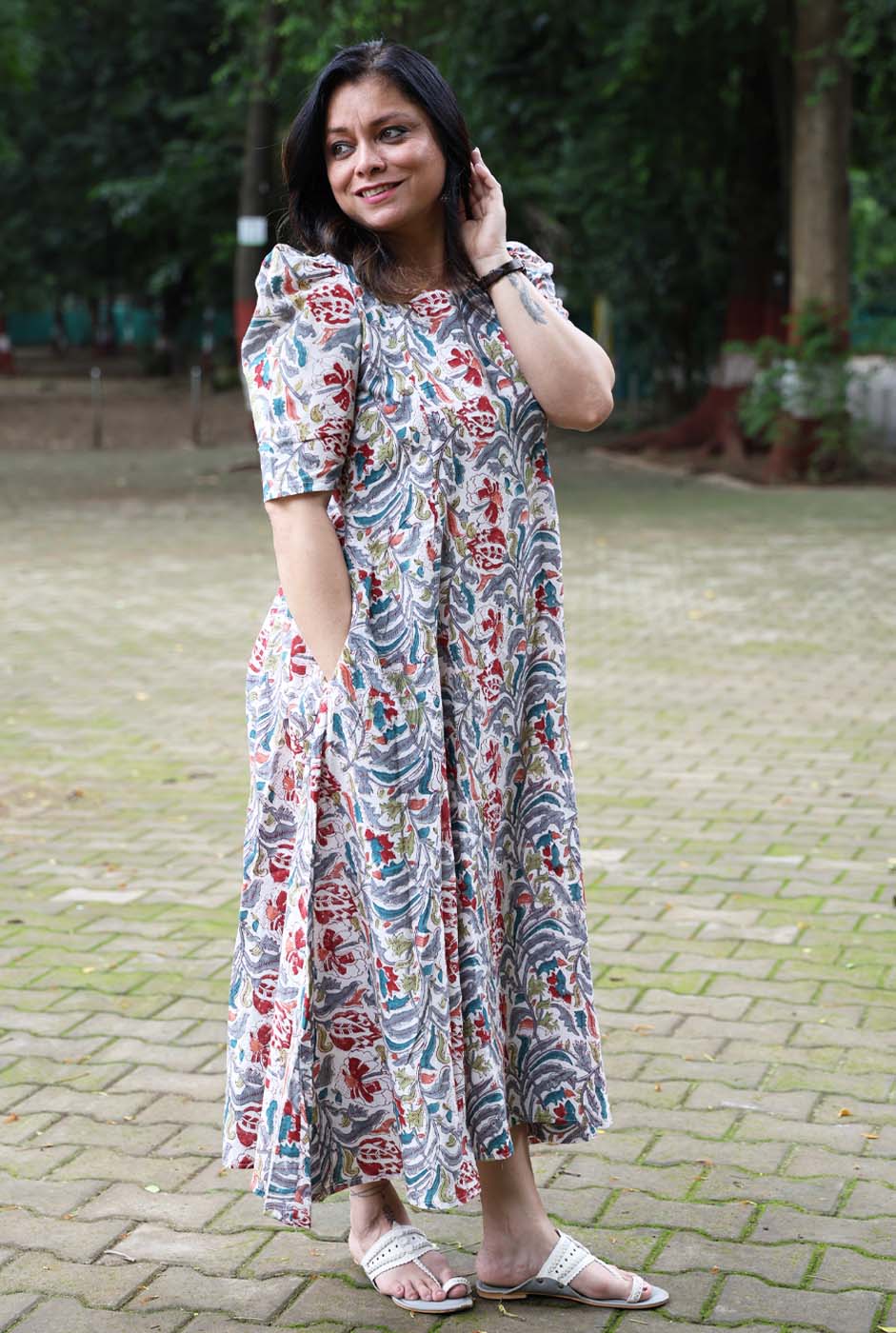 Hand Block Printed Cotton Floral Dress