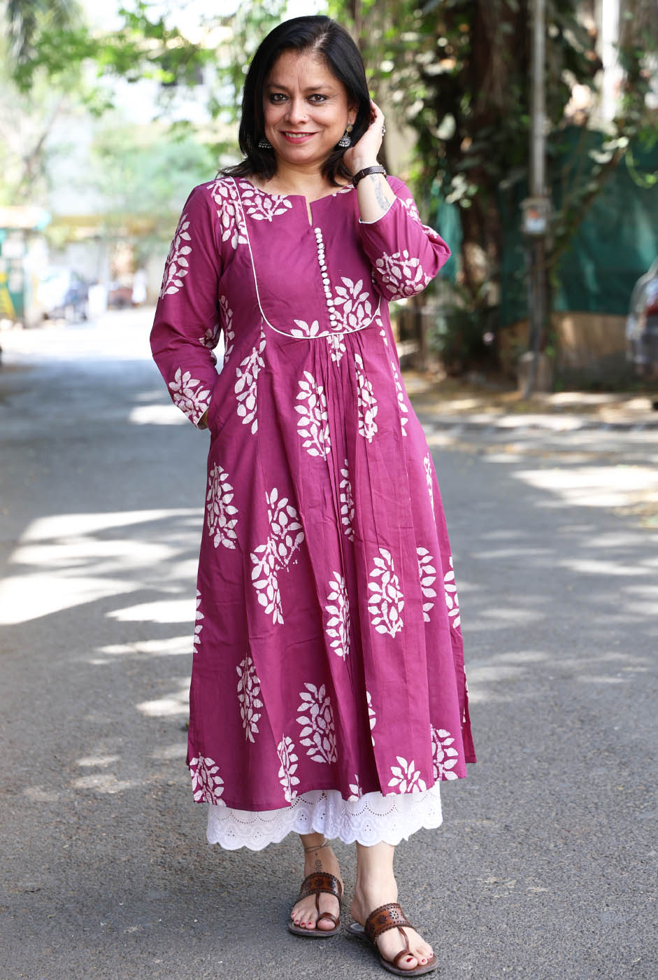 Cotton Magenta Wax Batik A-Line Kurti