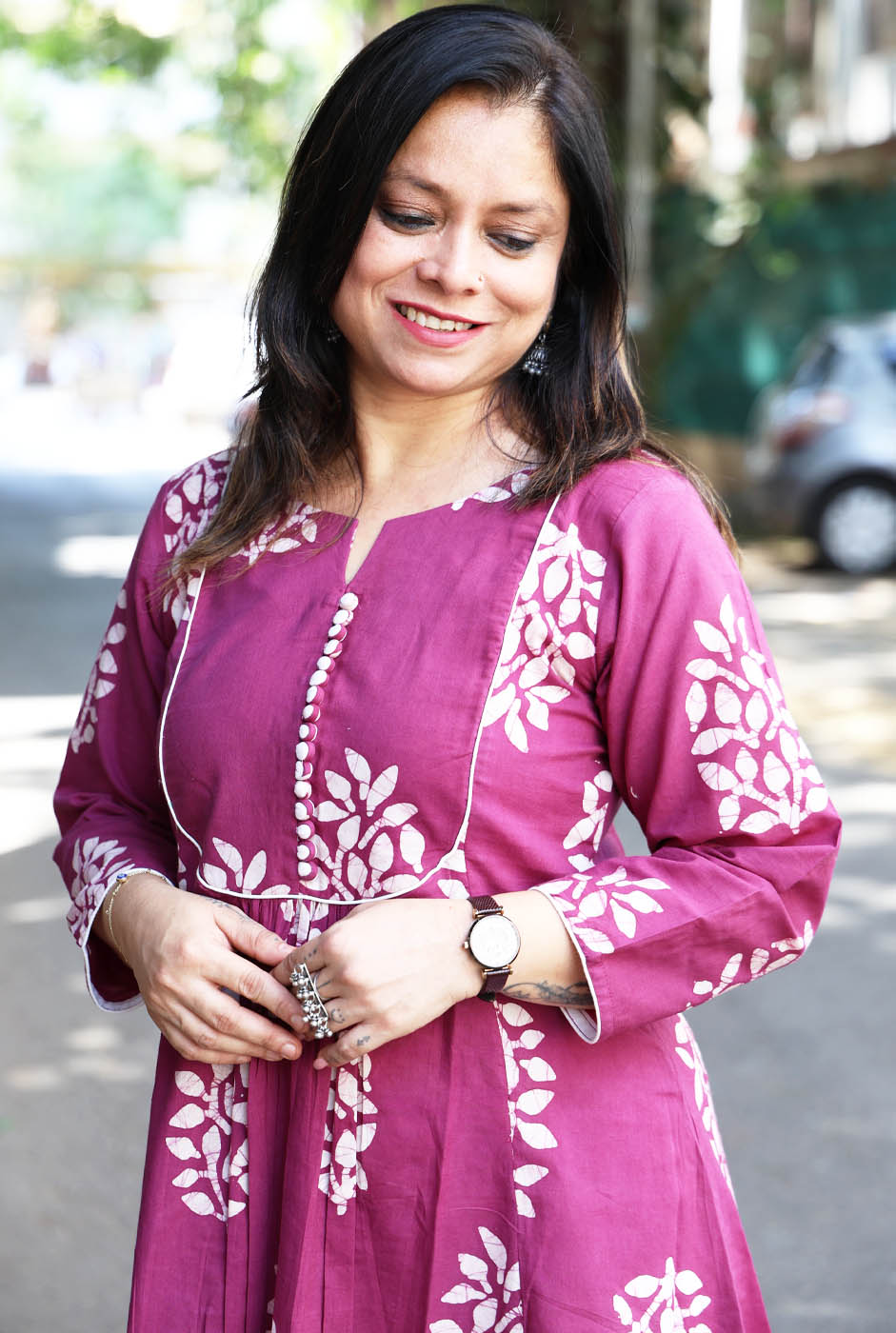 Cotton Magenta Wax Batik A-Line Kurti