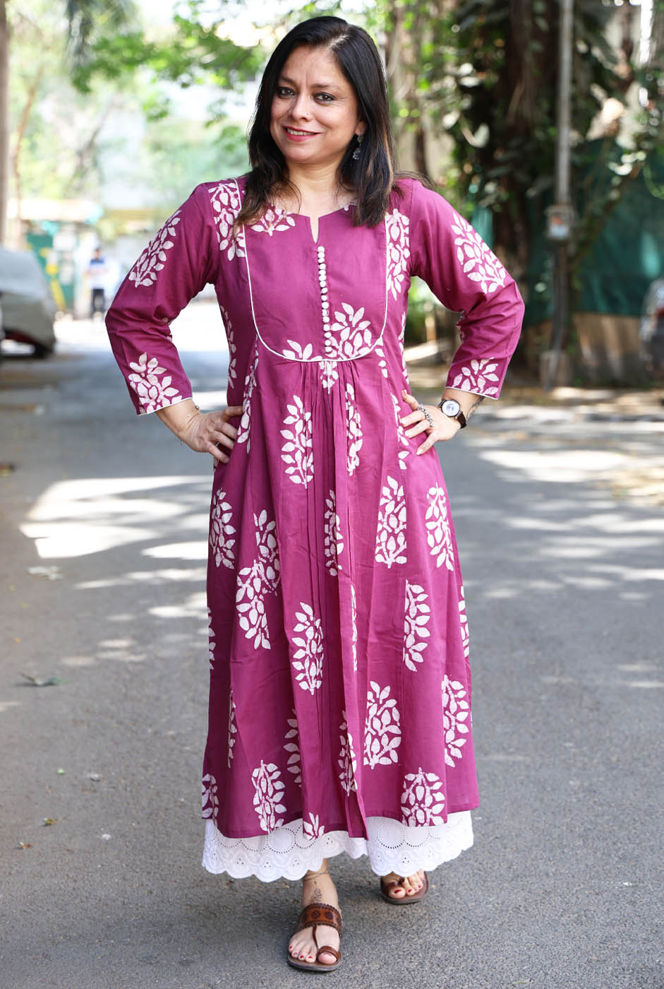 Cotton Magenta Wax Batik A-Line Kurti