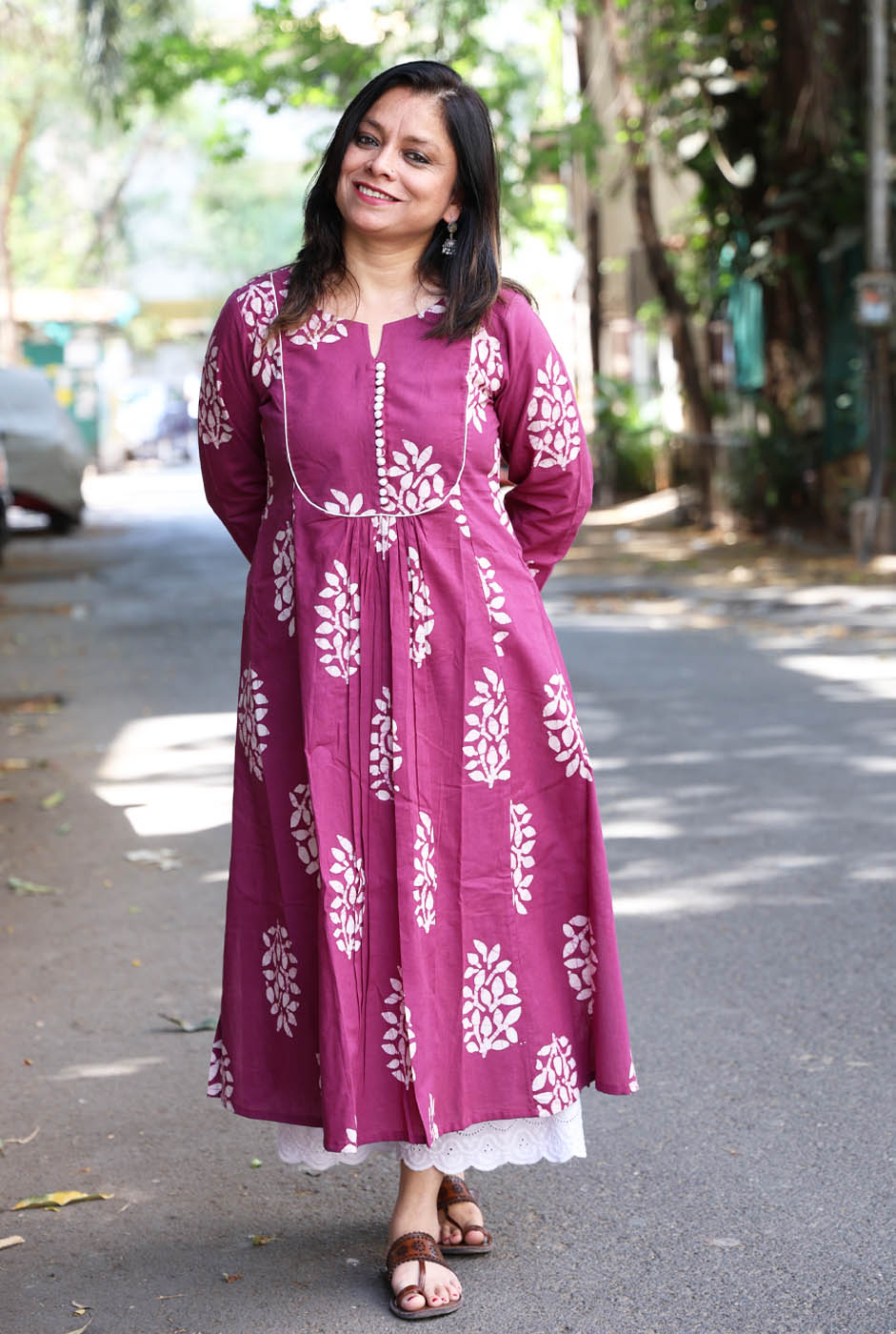 Cotton Magenta Wax Batik A-Line Kurti