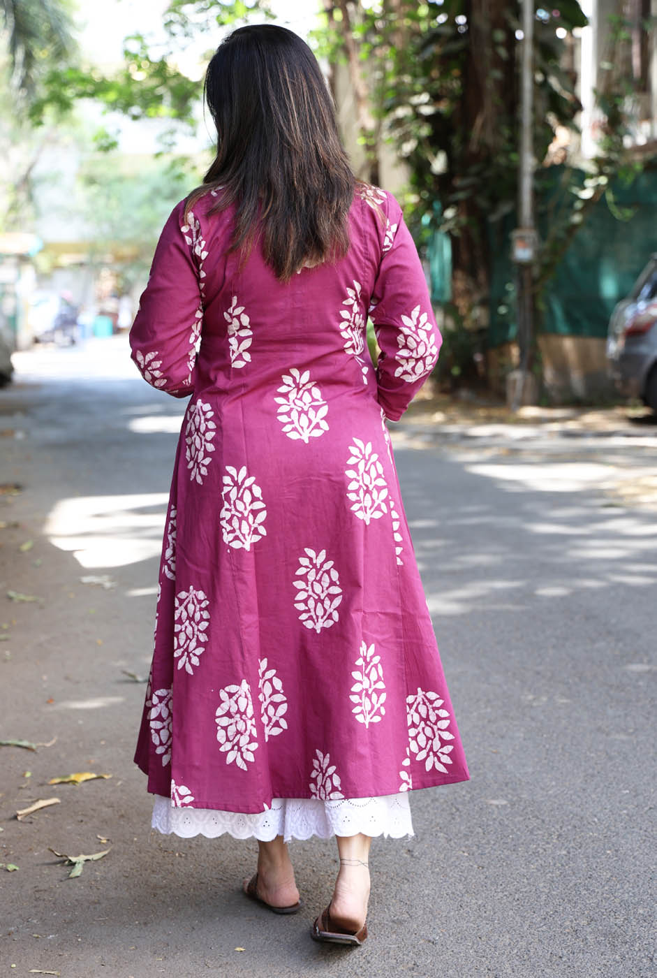 Cotton Magenta Wax Batik A-Line Kurti
