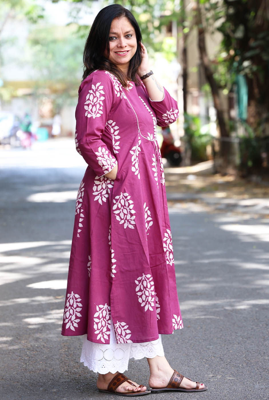 Cotton Magenta Wax Batik A-Line Kurti