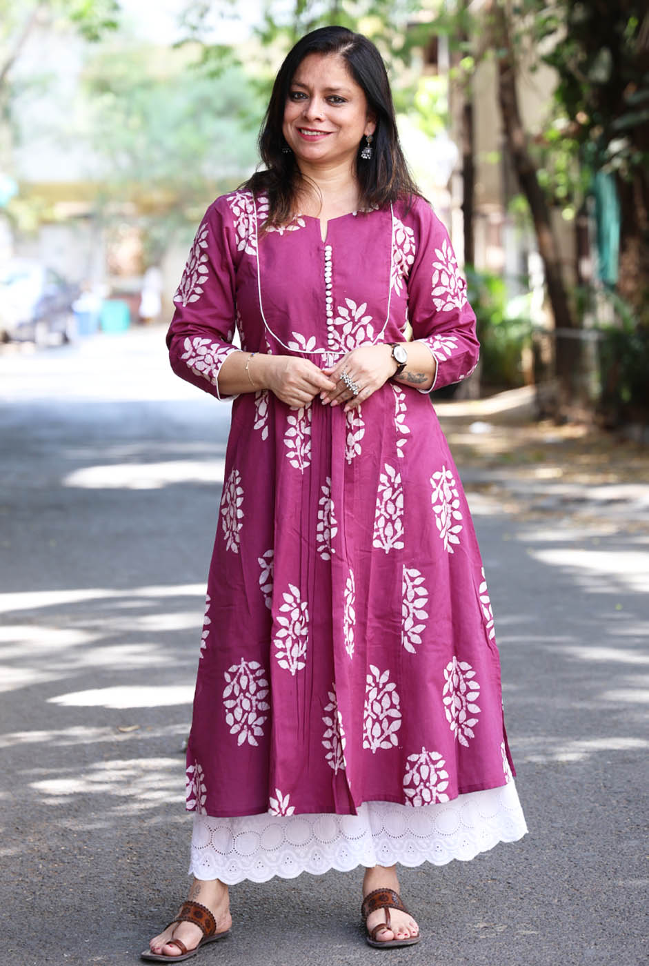 Cotton Magenta Wax Batik A-Line Kurti Naksh For You Cotton Magenta Wax Batik A-Line Kurti Naksh For You