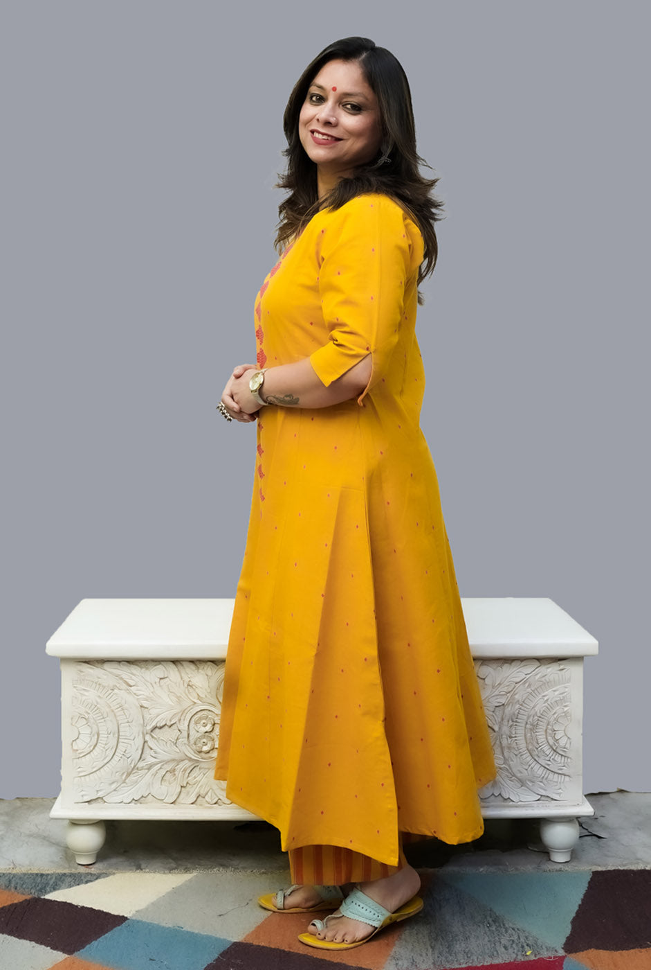Nazakat Handloom Cotton Yellow Kurti Pant Set