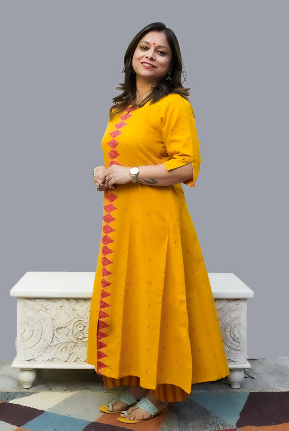 Nazakat Handloom Cotton Yellow Kurti Pant Set