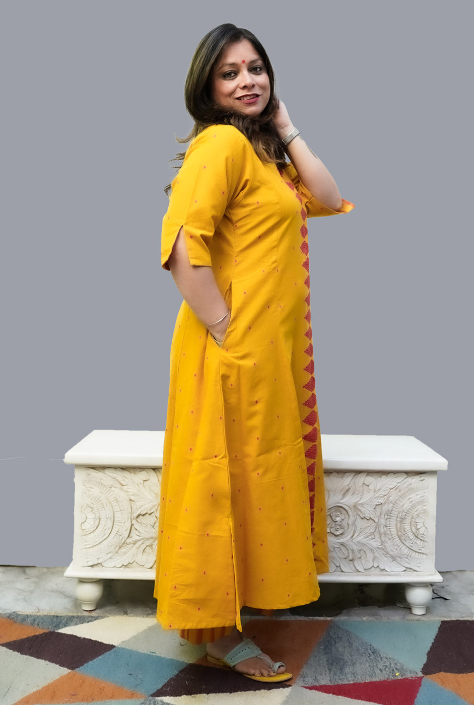 Nazakat Handloom Cotton Yellow Kurti Pant Set