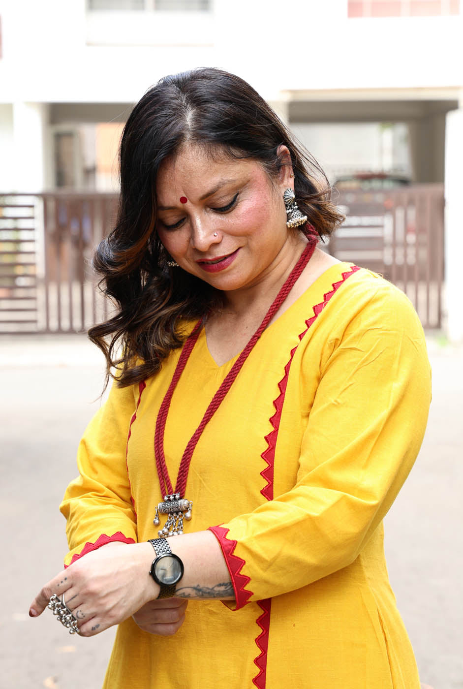 Handloom Cotton Kurta with Red Applique Work
