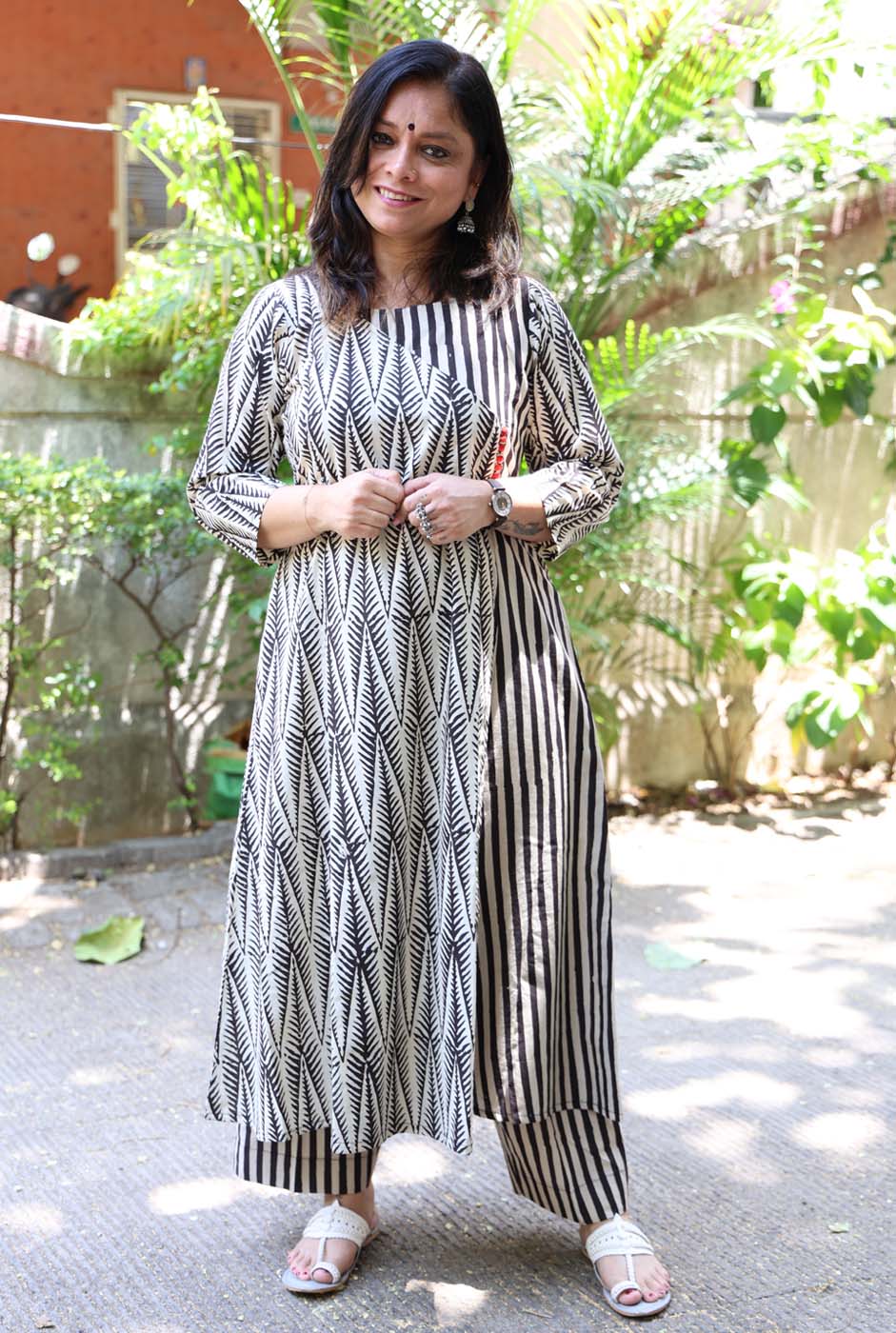 Black Hand Blocked Kurti Pant Set in Angrakha Style
