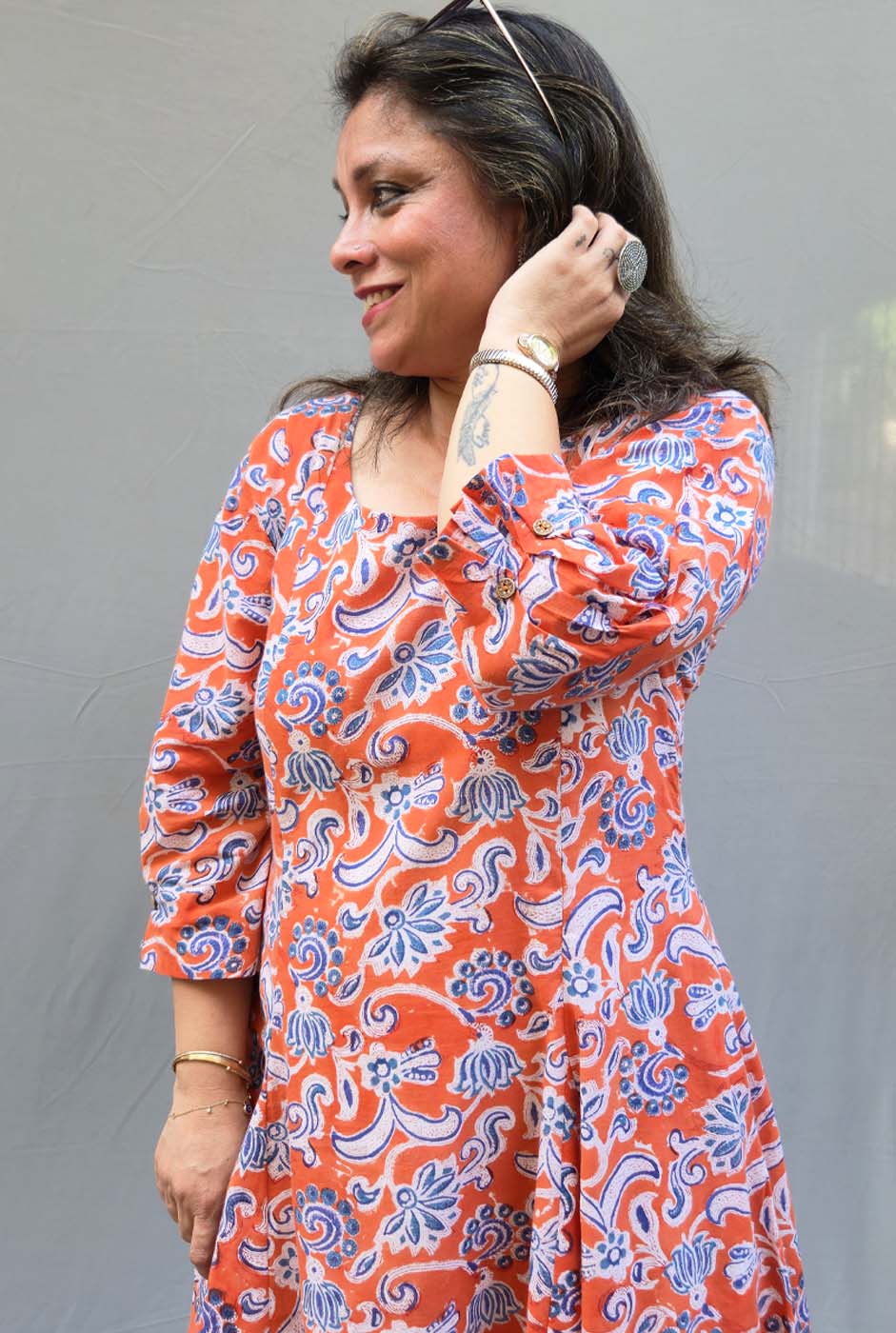 Jharna – Orange Handblock Knee-Length Dress