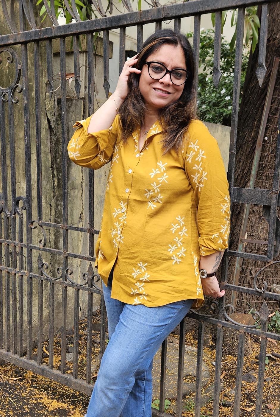Dragonfly Block Mustard Handloom Cotton Ajrakh Shirt