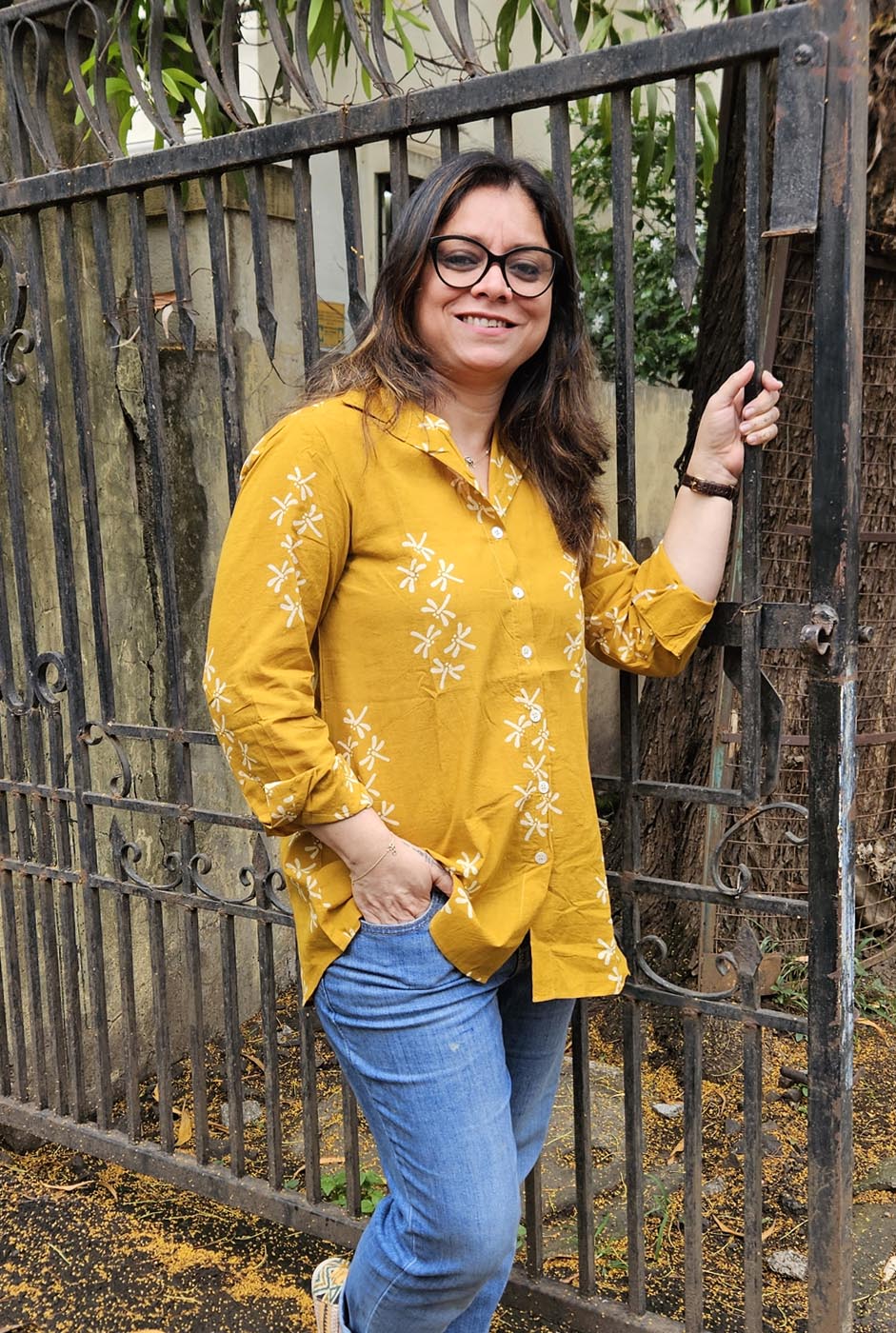 Dragonfly Block Mustard Handloom Cotton Ajrakh Shirt