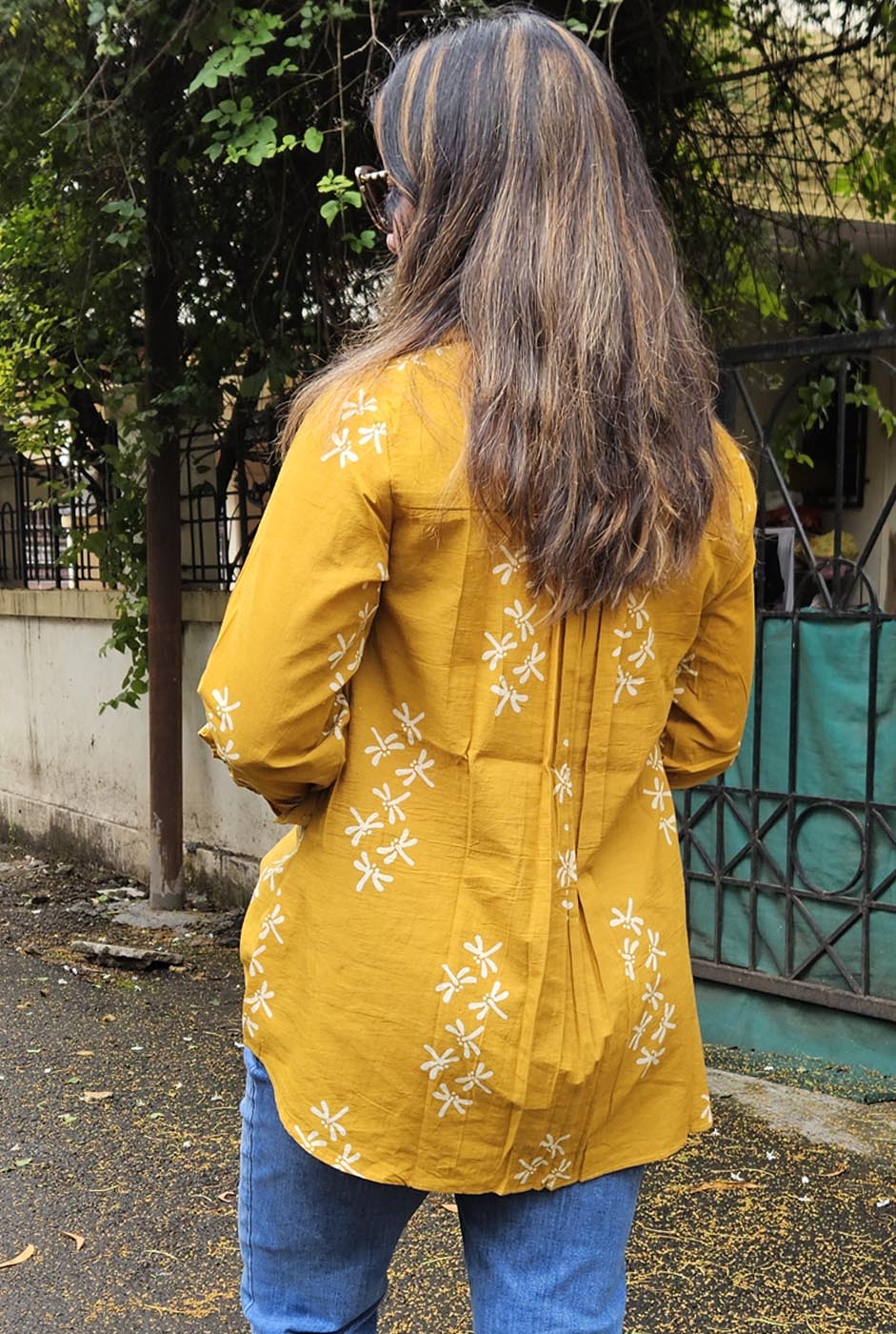Dragonfly Block Mustard Handloom Cotton Ajrakh Shirt